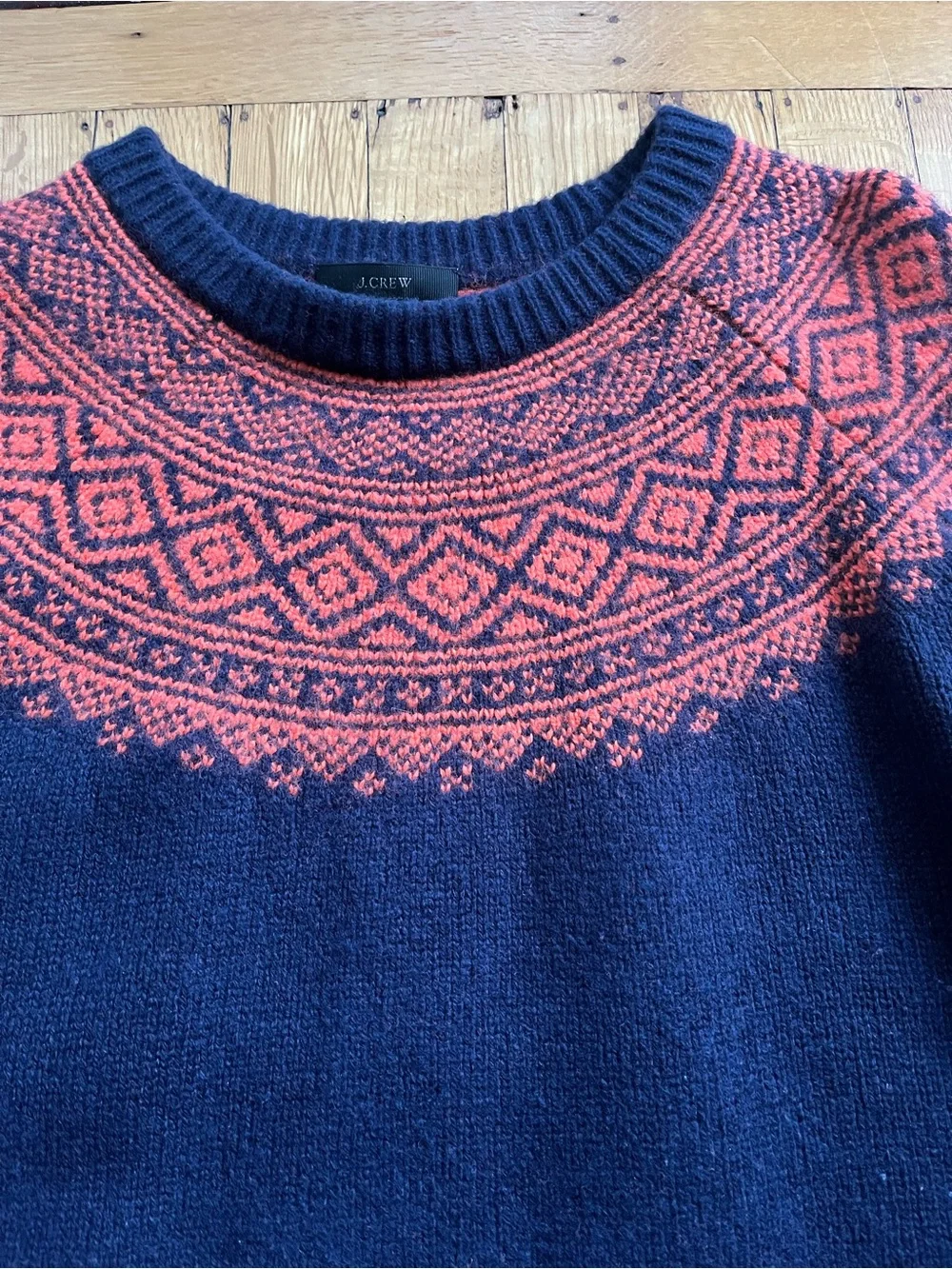 J. Crew Navy Crewneck Sweater with Red Fair Isle Yoke